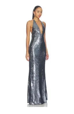 🩶 Misha "THE PLUNGE" Silver Sequin Jersey Maxi Dress - Size S / 8 AU - Gunmetal Grey Gown 🩶 for rent on The Volte - image 8