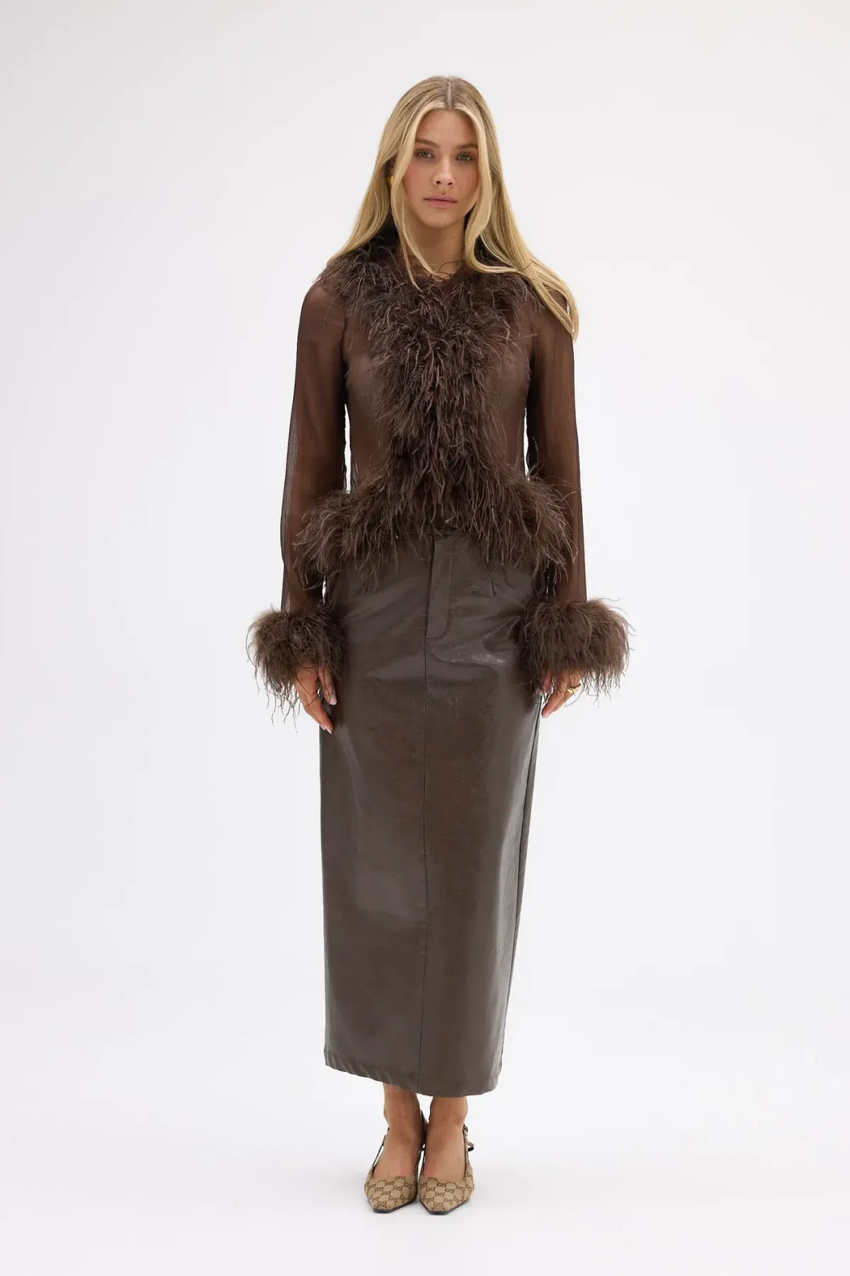 Bubish Gigi Sheer Feather Blouse Chocolate Size 10 - Image 1