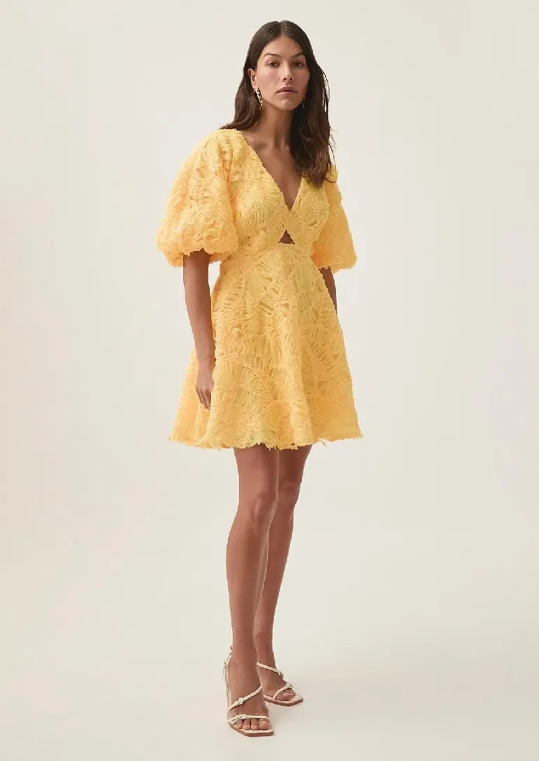 Aje Florential Mini Swing Dress – Soft Yellow – Size 10 for rent on The Volte - main image
