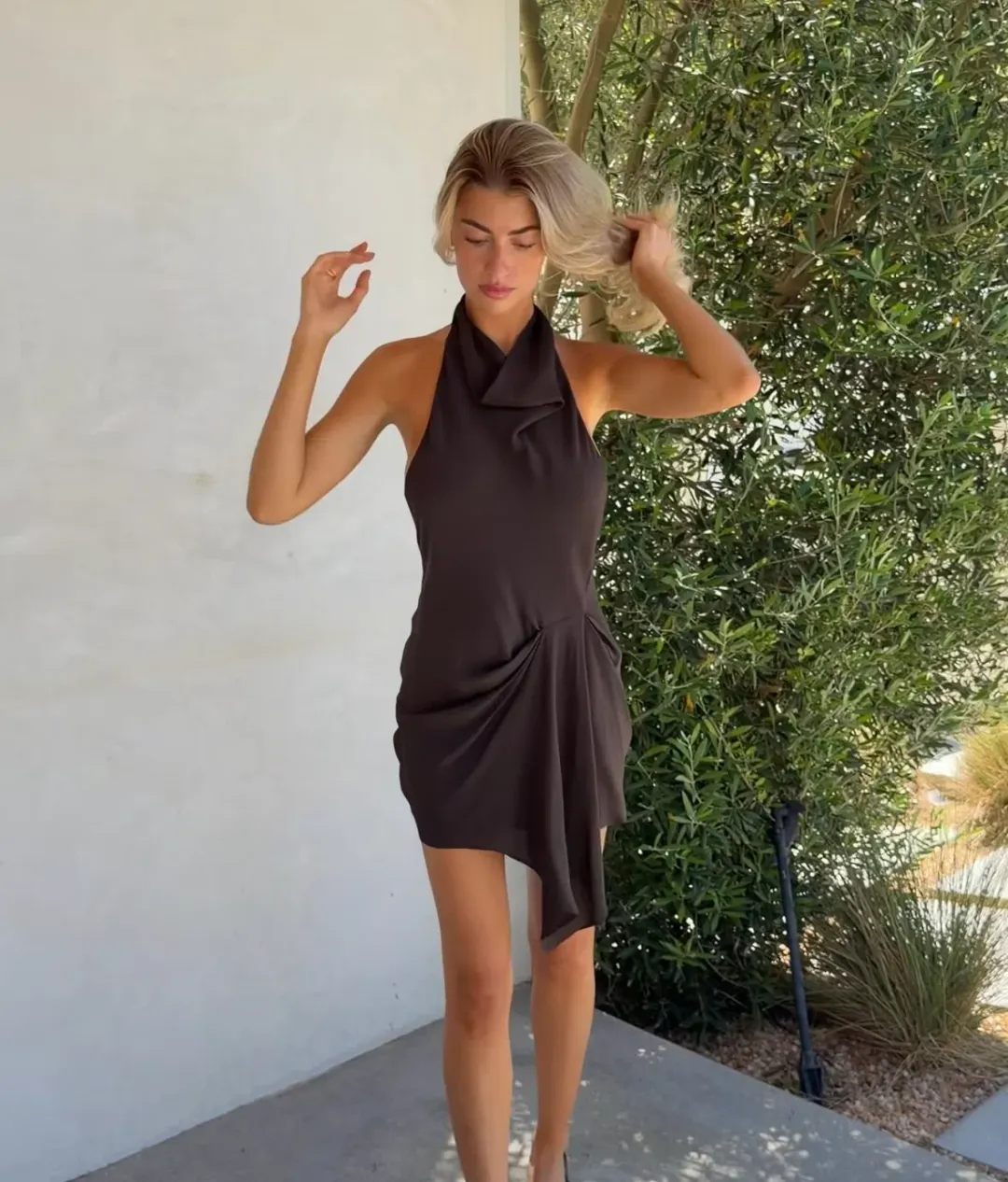 Venroy Draped Halter Mini Dress Chocolate Brown In XS / AU 6 for rent on The Volte - main image