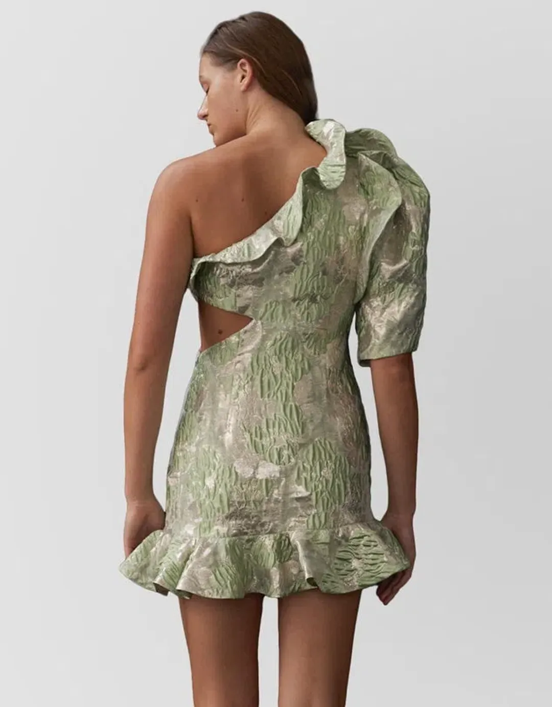 ALEMAIS MIRA ONE SHOULDER MINI DRESS GREEN SIZE 8 for rent on The Volte - main image