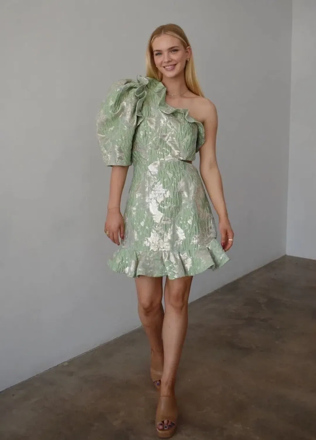 ALEMAIS MIRA ONE SHOULDER MINI DRESS GREEN SIZE 8 for rent on The Volte - main image