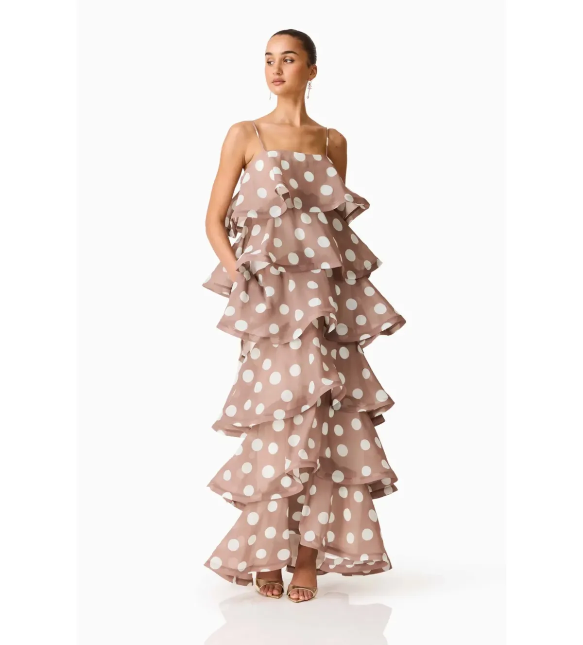 Elliatt Sola Tiered Maxi Dress in Brown Polkadot Size S/AU 8 - Image 4