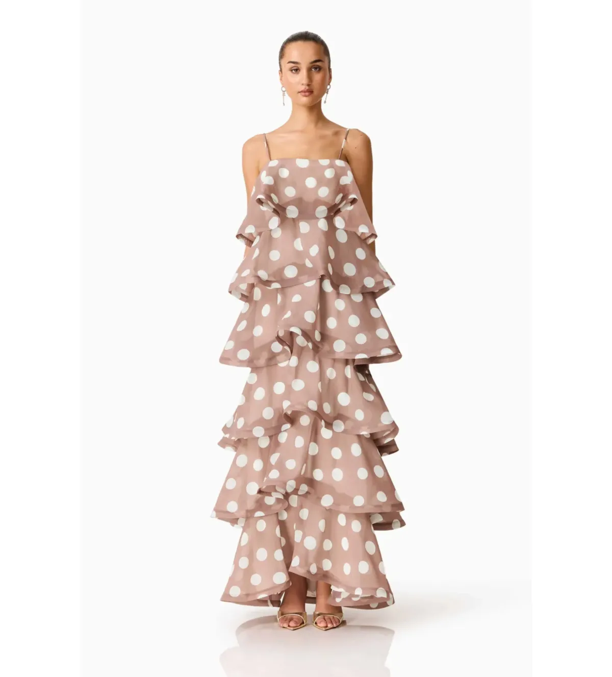 Elliatt Sola Tiered Maxi Dress in Brown Polkadot Size L/AU 12 - Image 1