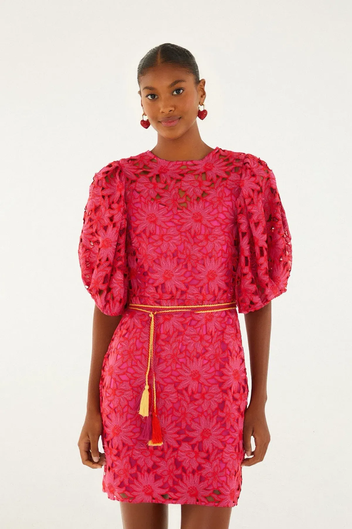 Farm Rio Pink Flowered Lace Puff Sleeve Lined Mini Dress S / AU 8 - Image 1