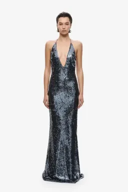 BRAND NEW 🩶 Misha "THE PLUNGE" Silver Sequin Jersey Maxi Dress - Size M / 10 AU - Gunmetal Grey Gown 🩶 for rent on The Volte - image 1