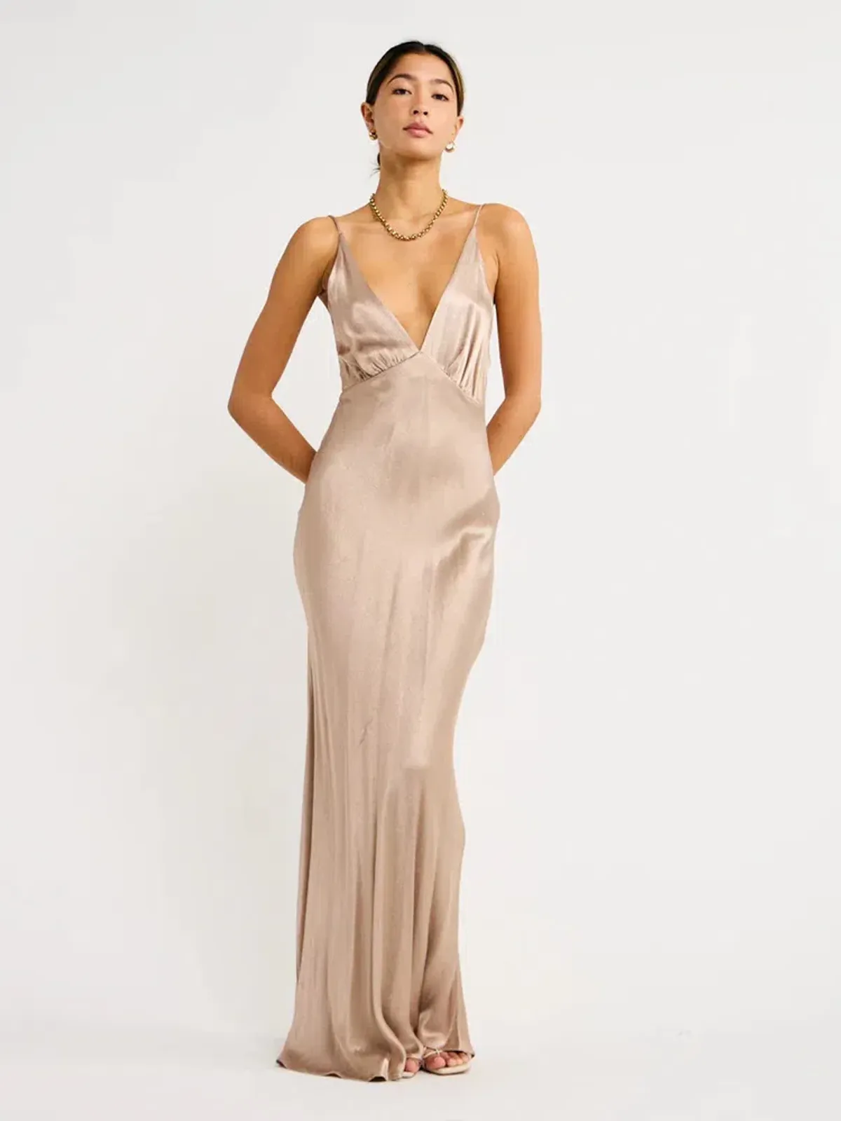 Bec and Bridge Lorelai V Maxi Dress in Smoke Taupe Size 6 for rent on The Volte - main image