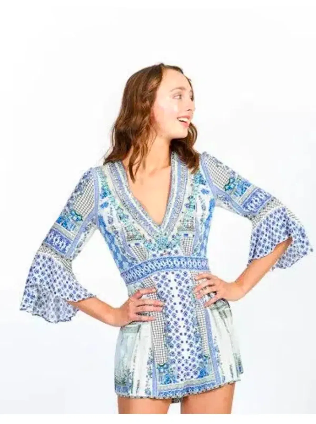 Camilla Salvador Summer Low V Neck Playsuit Blue Size Small - Image 2
