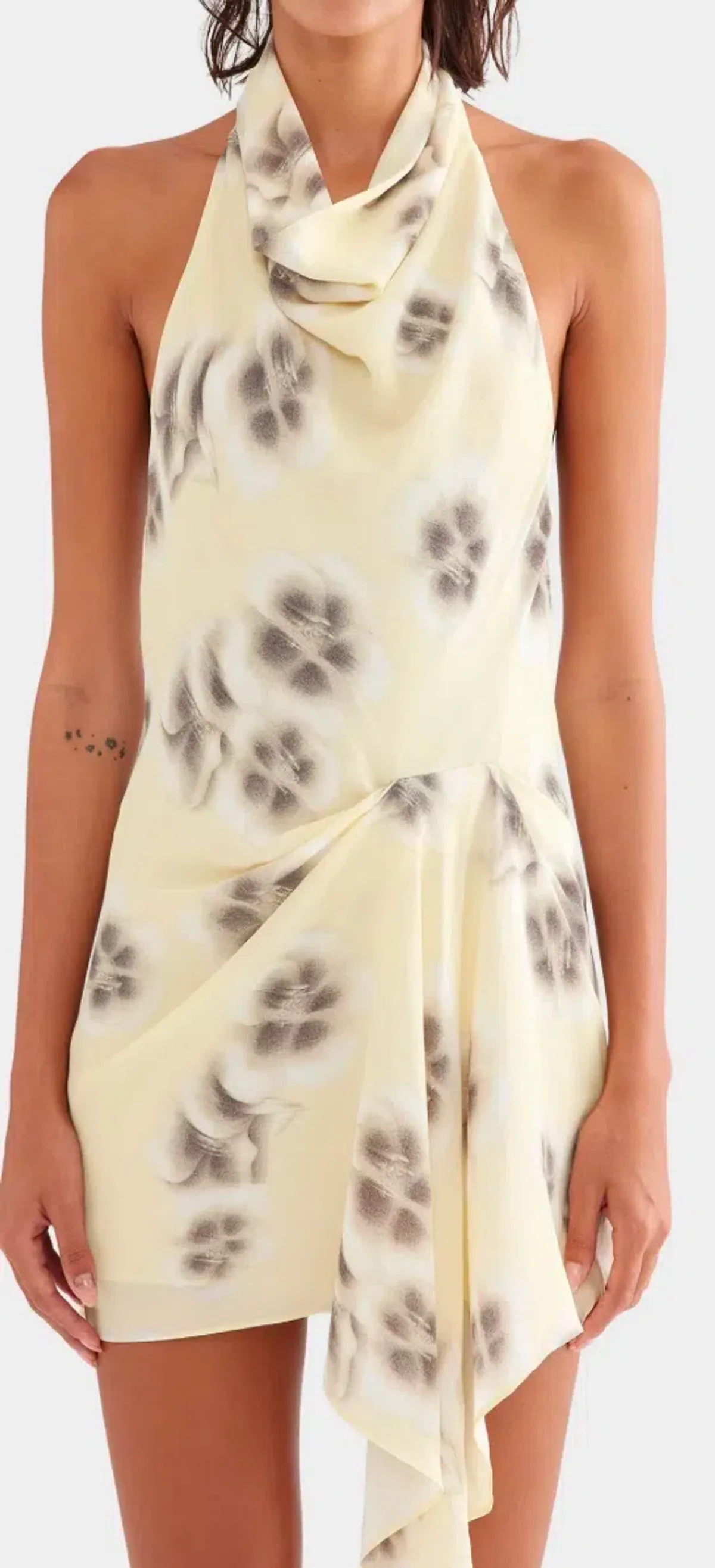 Venroy Draped Halted Mini Dress in Pale Yellow - Image 2