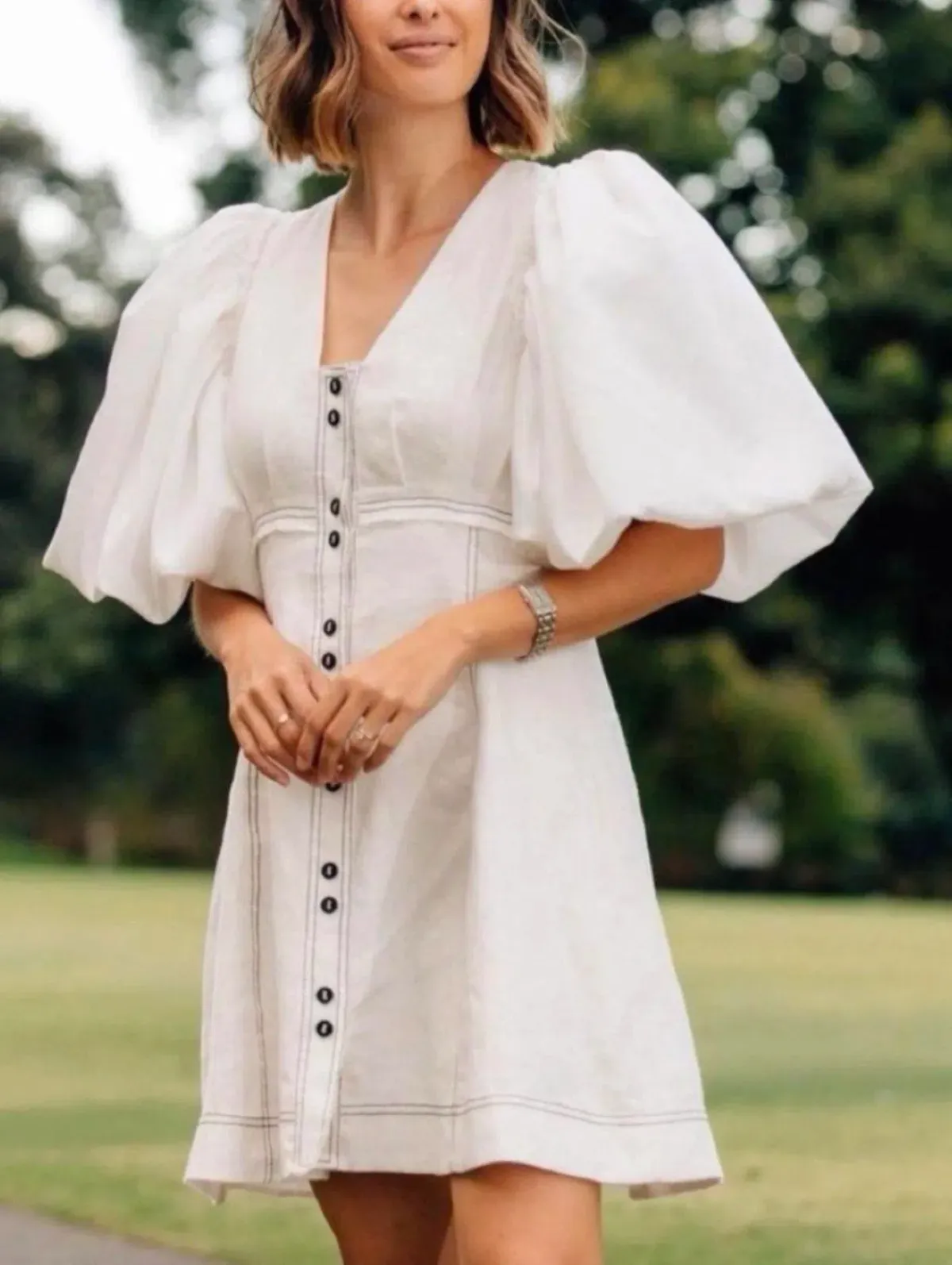 Aje Cherished Puff Sleeve Linen Mini Dress – Ivory – Size 10 - Image 2