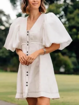 Aje Cherished Puff Sleeve Linen Mini Dress – Ivory – Size 10 for rent on The Volte - image 2