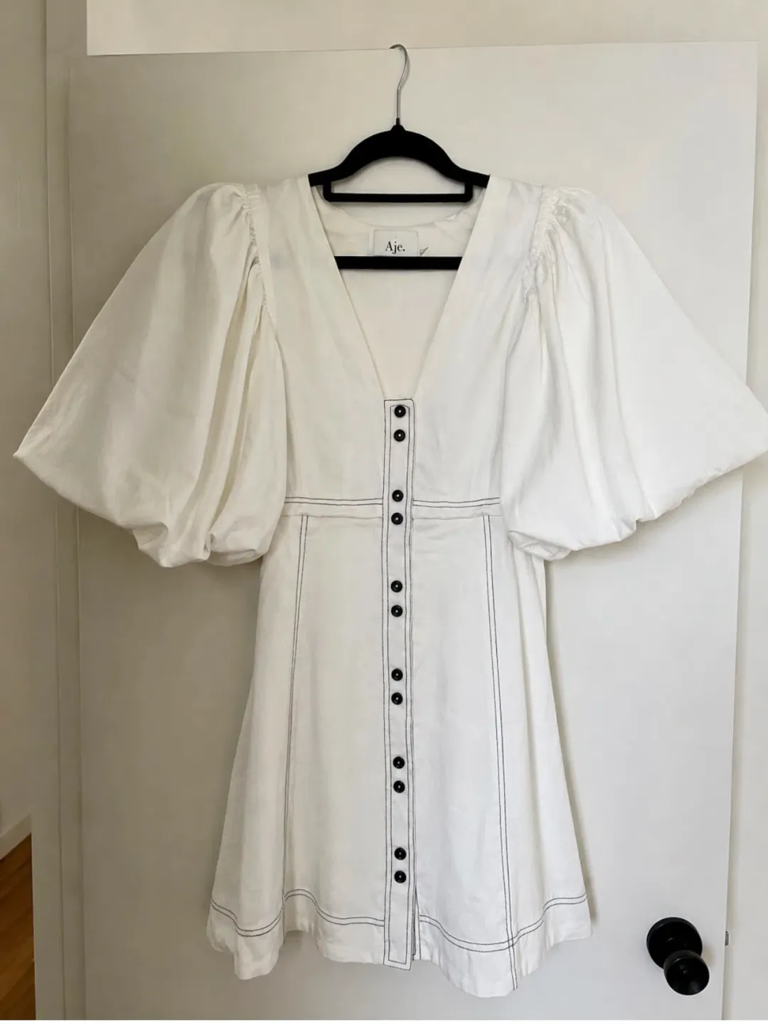 Aje Cherished Puff Sleeve Linen Mini Dress – Ivory – Size 10 for rent on The Volte - main image