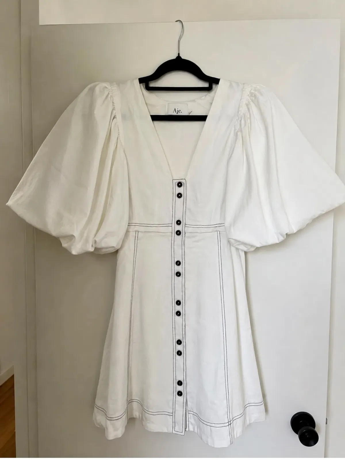 Aje Cherished Puff Sleeve Linen Mini Dress – Ivory – Size 10 - Image 6