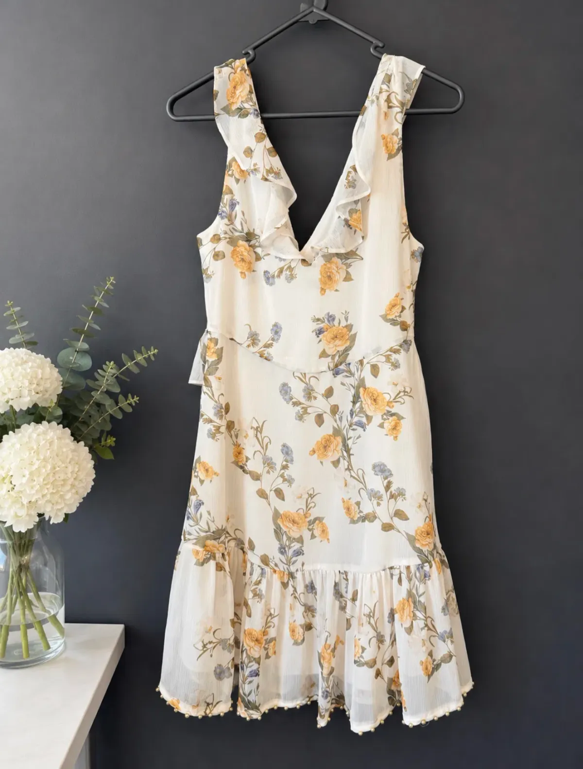 Forever New Ebony Frill Trim Skater Cream Floral Mini Dress AU 10 - Image 2