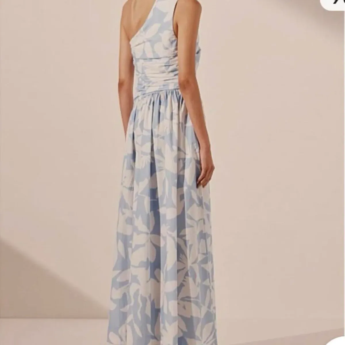 Shona Joy Mamouina Blue and White, One Shoulder Dress - Image 3