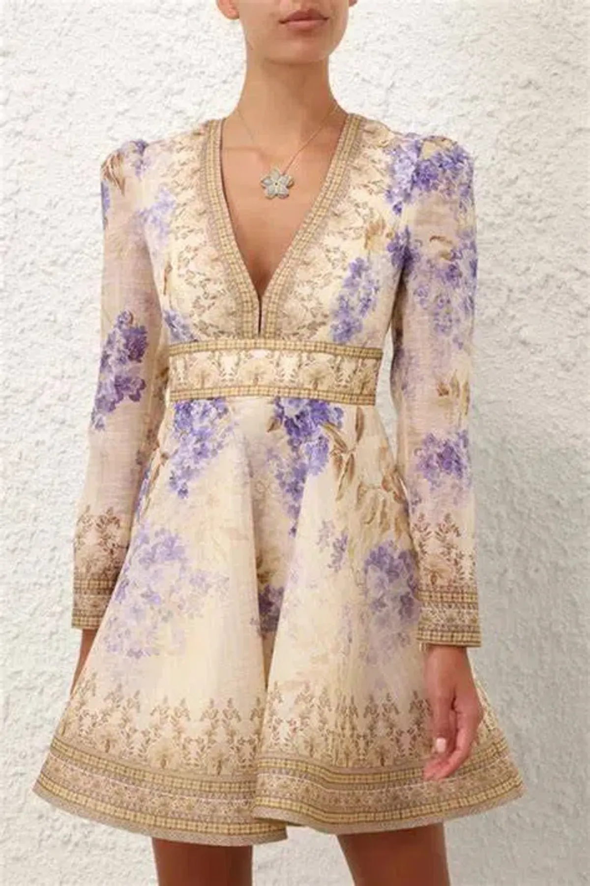 Zimmermann Dawning Plunge Mini Dress Lilac Floral Size 0/ AU 8 - Image 2