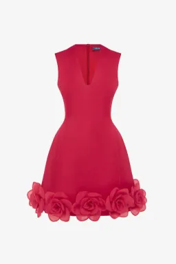 🥀 Leo Lin BREE V neck mini dress - Size 6 - Scarlett Red Floral outfit 🥀 for rent on The Volte - image 4