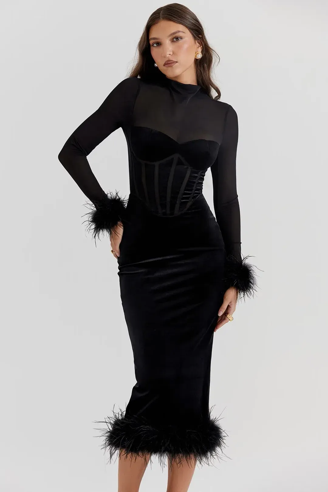 House of CB Lianna Black Velvet Midi Dress for rent on The Volte - main image