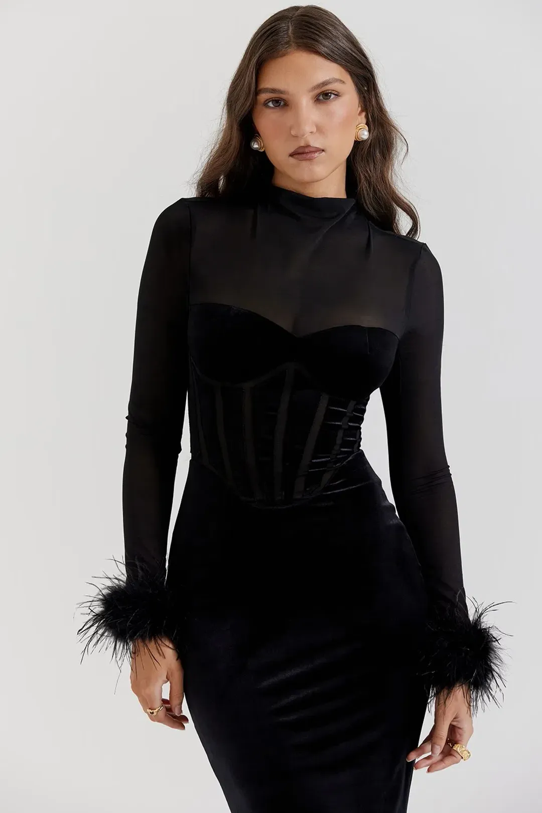 House of CB Lianna Black Velvet Midi Dress for rent on The Volte - main image