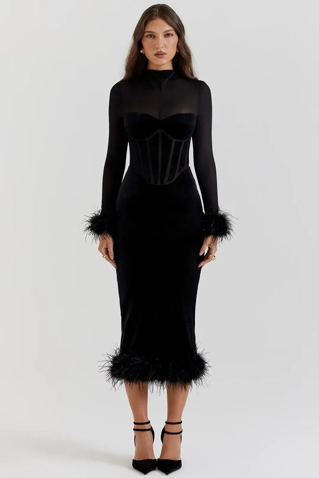 House of CB Lianna Black Velvet Midi Dress for rent on The Volte - main image