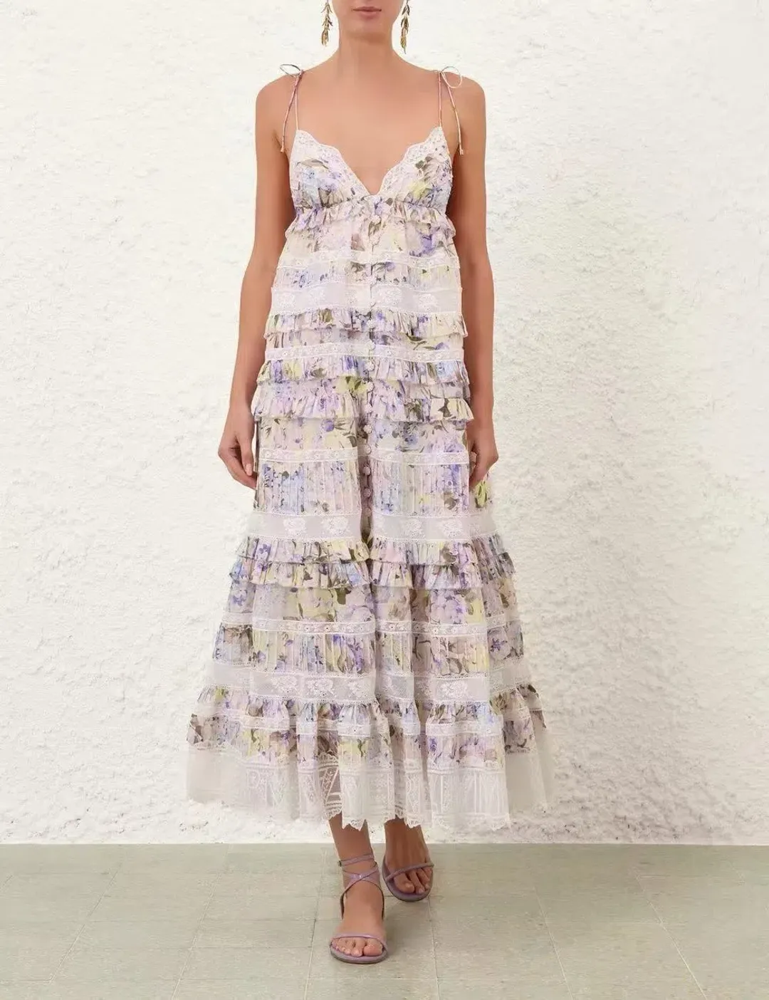Zimmermann Solstice Tiered Lace Midi Dress in Lilac Purple Watercolour Floral Size 8 / Size 0 for rent on The Volte - main image