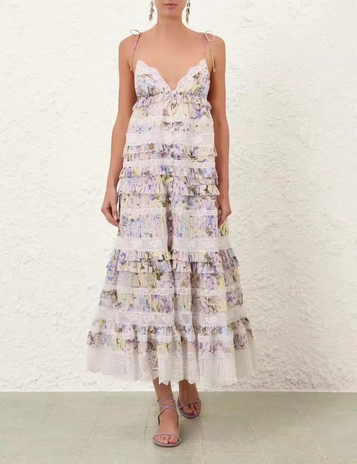 Zimmermann Solstice Tiered Lace Midi Dress in Lilac Purple Watercolour Floral Size 8 / Size 0 - Image 1