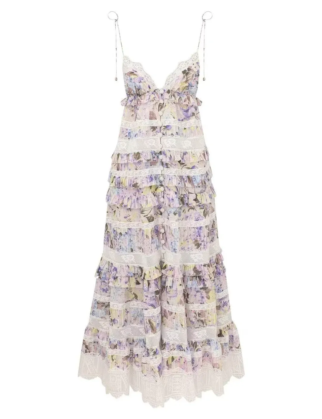Zimmermann Solstice Tiered Lace Midi Dress in Lilac Purple Watercolour Floral Size 8 / Size 0 for rent on The Volte - main image