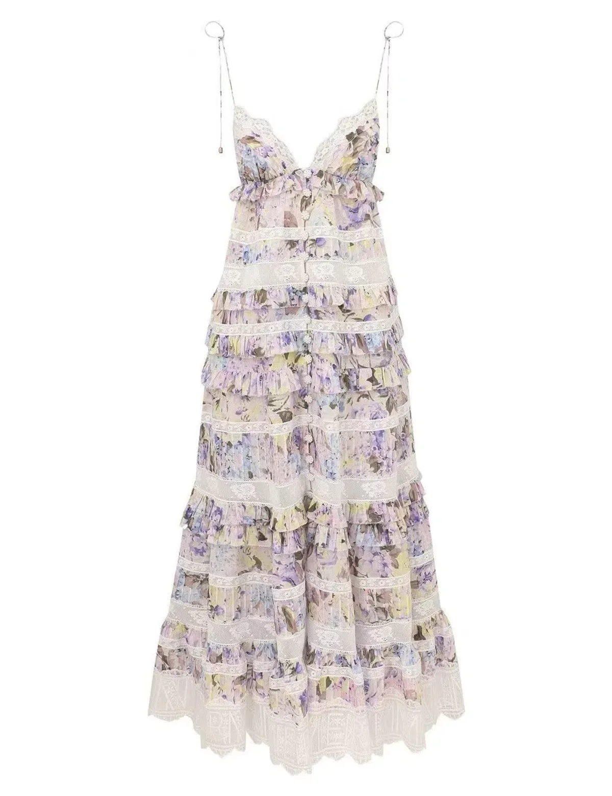 Zimmermann Solstice Tiered Lace Midi Dress in Lilac Purple Watercolour Floral Size 8 / Size 0 - Image 4