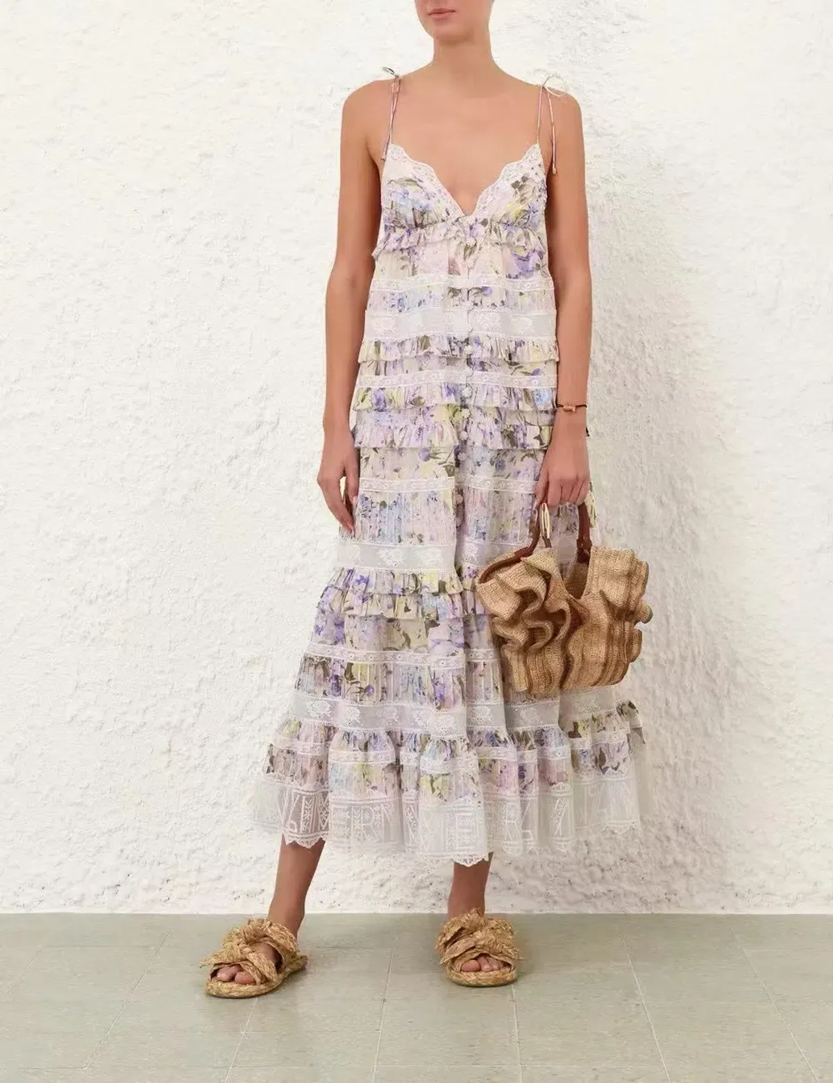 Zimmermann Solstice Tiered Lace Midi Dress in Lilac Purple Watercolour Floral Size 8 / Size 0 - Image 6