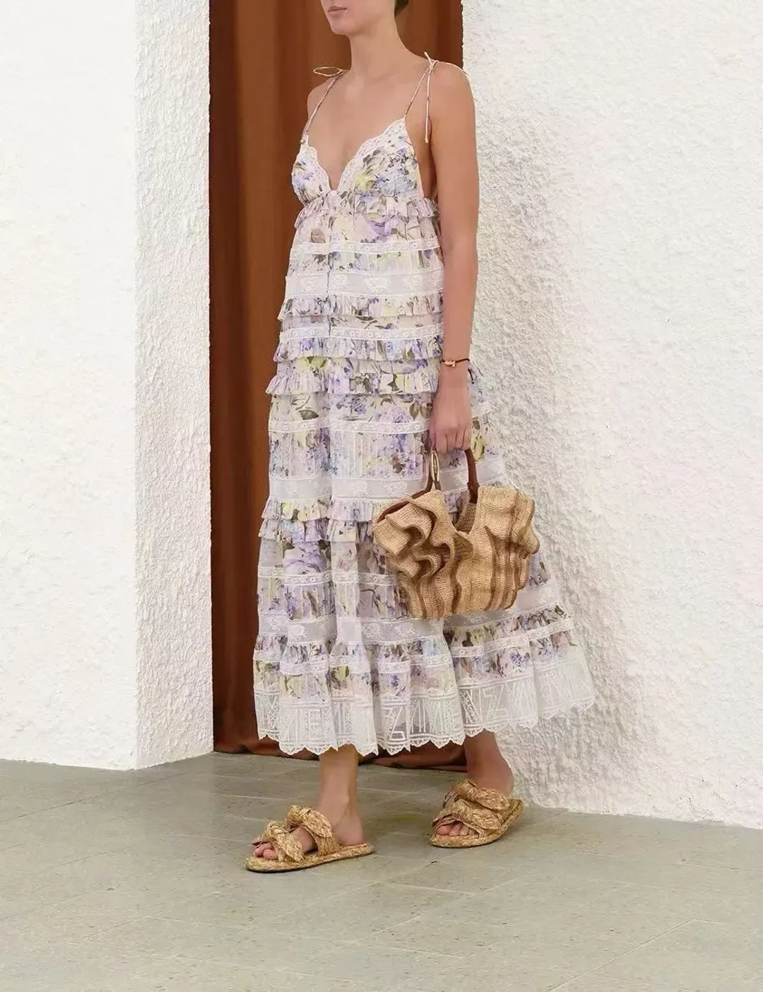 Zimmermann Solstice Tiered Lace Midi Dress in Lilac Purple Watercolour Floral Size 8 / Size 0 for rent on The Volte - main image
