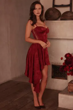 House of CB Lola Wine Jacquard Satin Draped Mini Dress — XS Bigger Cup for rent on The Volte - image 2