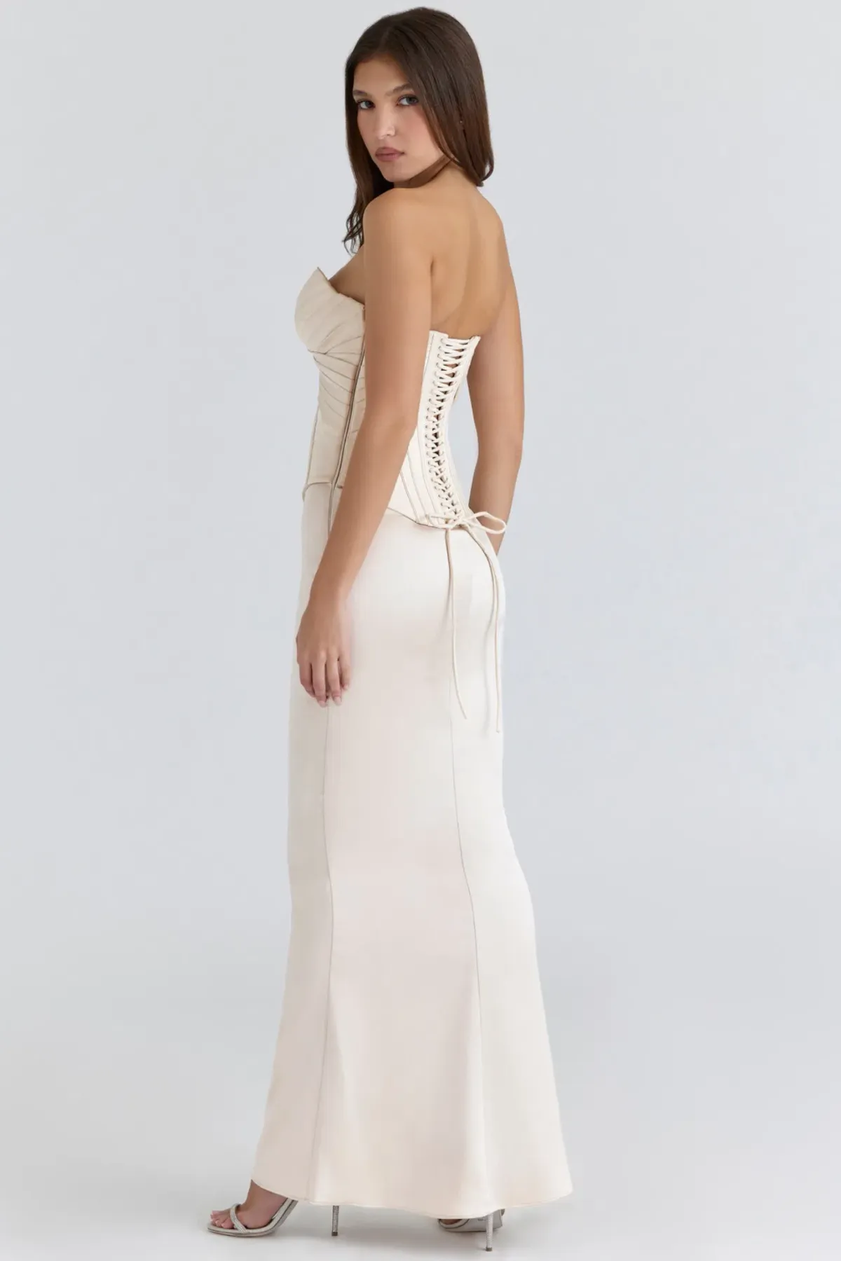 House of CB Eve Ivory Satin Corset Maxi Gown — XS Bigger Cup - Image 3