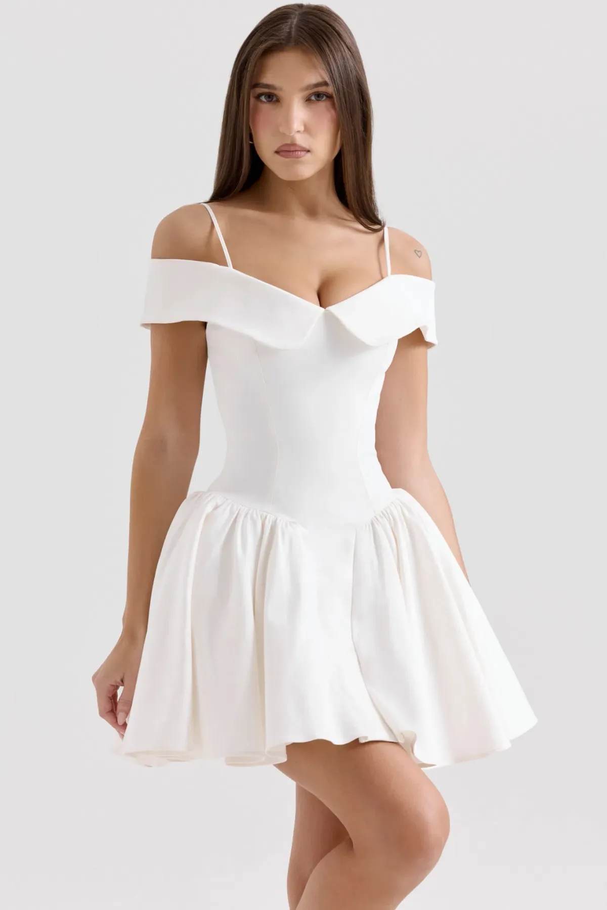 House of CB Elida White Twill Off-Shoulder Mini Dress — XS Bigger Cup - Image 1