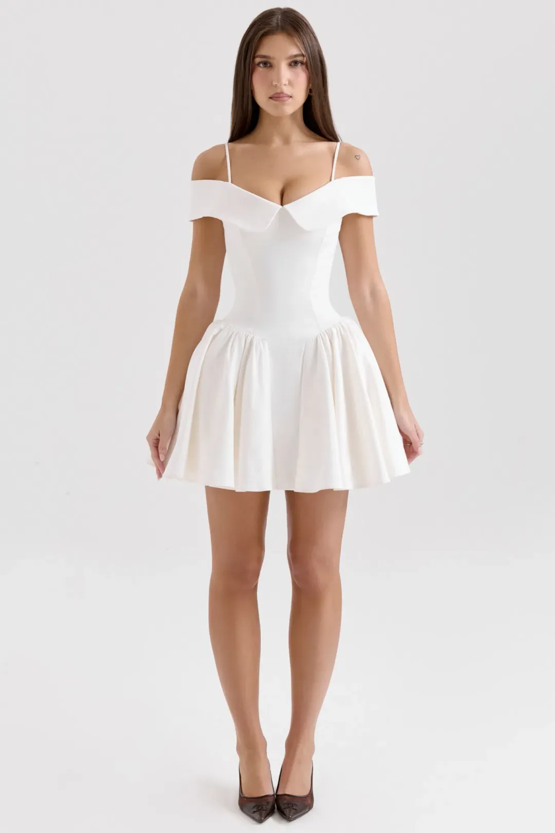 House of CB Elida White Twill Off-Shoulder Mini Dress — XS Bigger Cup for rent on The Volte - main image