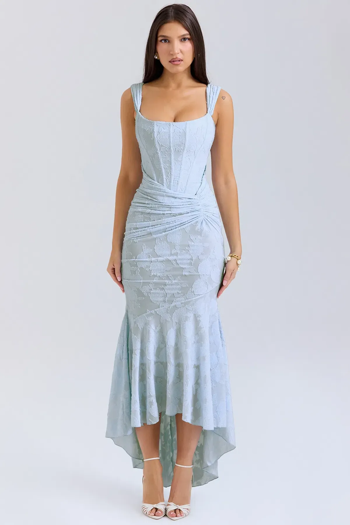 Cesca Light Blue Floral Jacquard Midi Dress XXS House of CB - Image 1