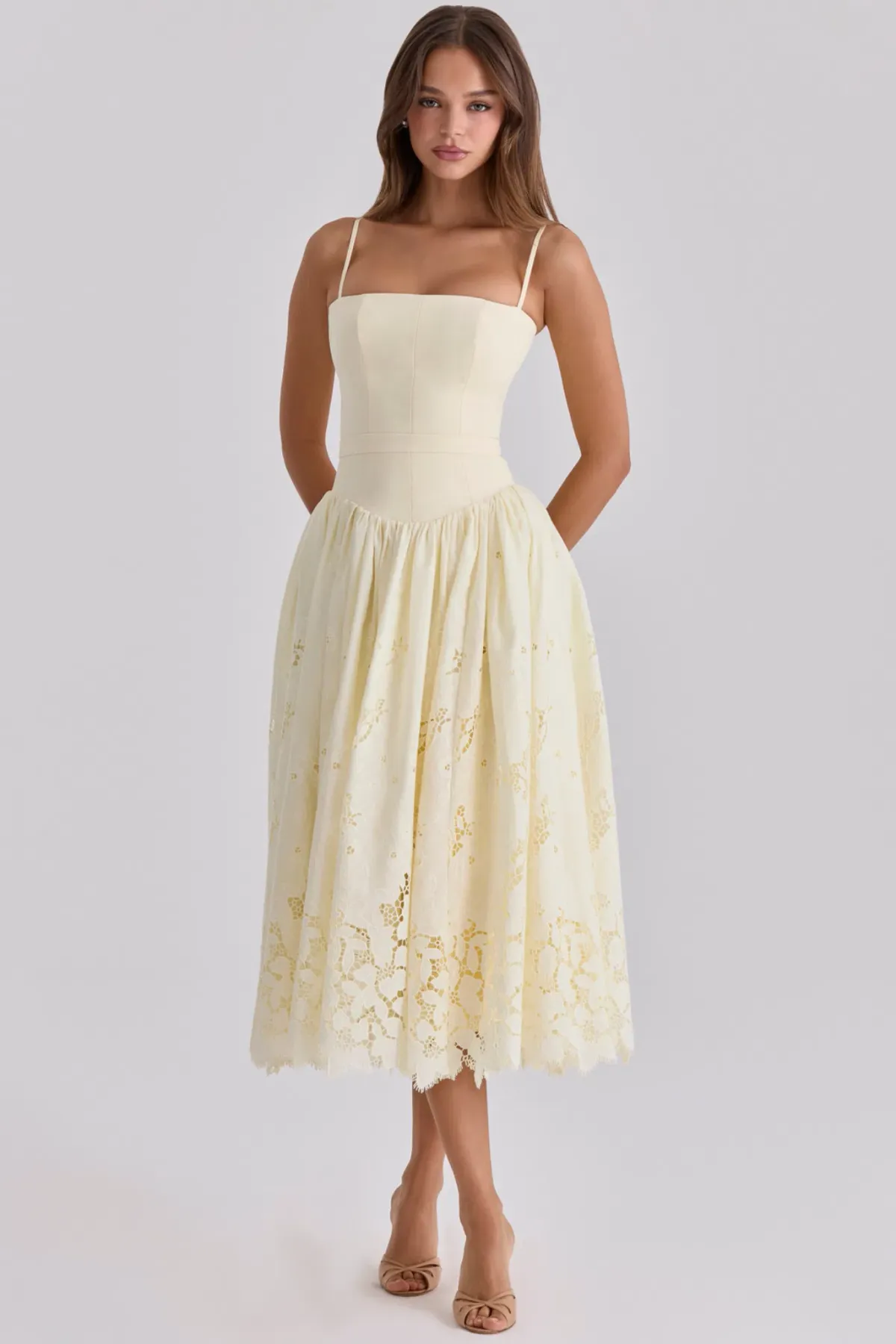 House of CB ‘Ysabella’ Lemon Custom Lace + Broderie Anglaise Cotton Midi Sundress for rent on The Volte - main image