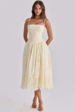 House of CB ‘Ysabella’ Lemon Custom Lace + Broderie Anglaise Cotton Midi Sundress for rent on The Volte - image 1