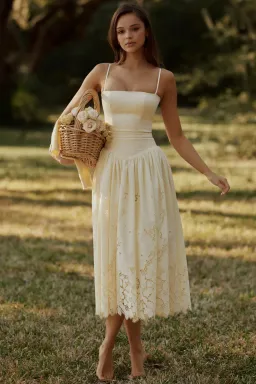 House of CB ‘Ysabella’ Lemon Custom Lace + Broderie Anglaise Cotton Midi Sundress for rent on The Volte - image 3
