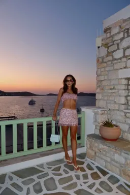 Asta Resort - Yasmin Hand Beaded Bralette and Mini Skirt - Blush Pink - size 6-8 for rent on The Volte - image 2