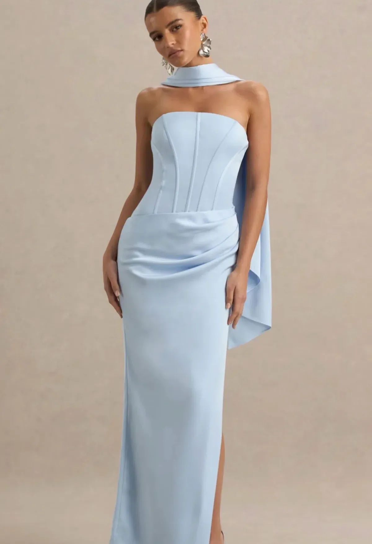 JOSELINE POWDER BLUE SATIN CORSET WRAP MAXI DRESS WITH SCARF - Image 2