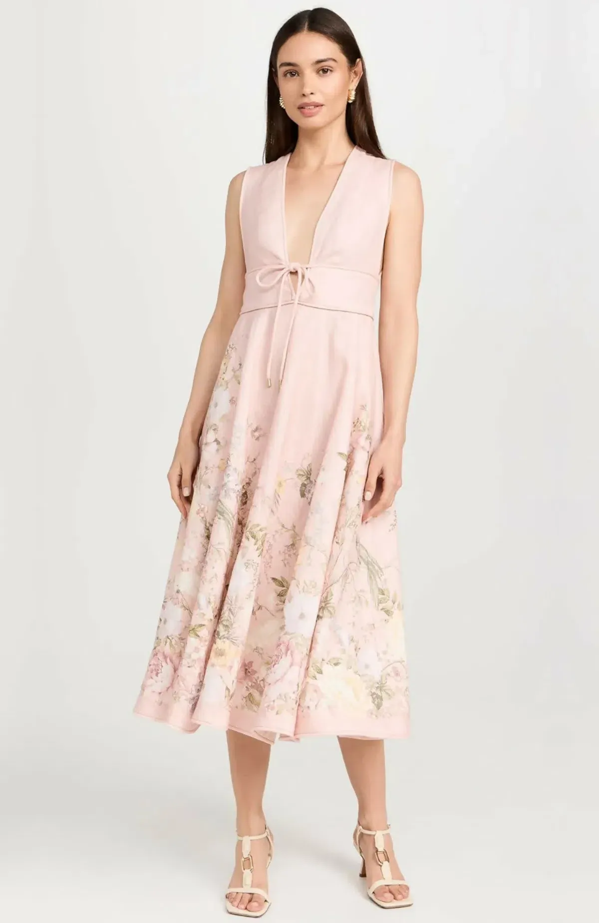 Zimmermann Waverly Plunge Linen Midi Dress Pink Floral Size 2 / AU 12 - Image 2