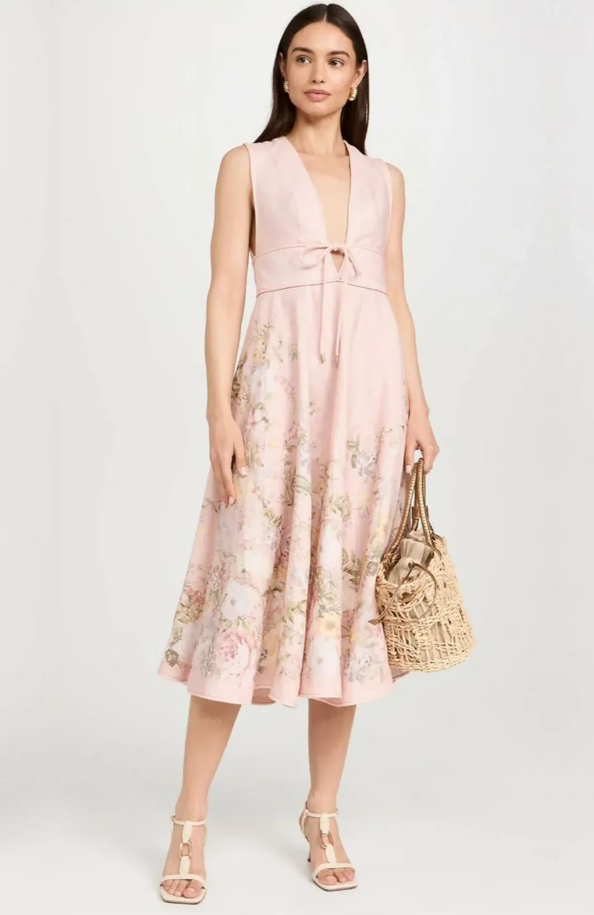 Zimmermann Waverly Plunge Linen Midi Dress Pink Floral Size 2 / AU 12 - Image 1