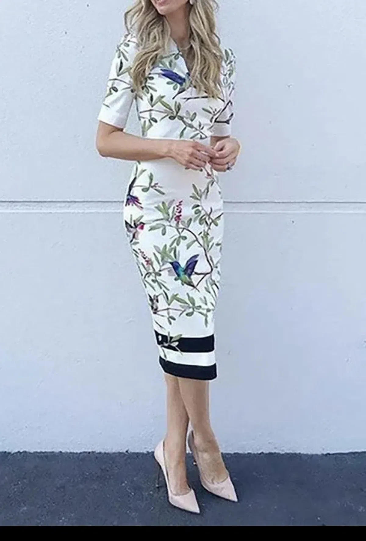 TED BAKER Everely Highgrove Hummingbird Branch Blossom Midi Dress sz 2 uk 10 Au for rent on The Volte - main image