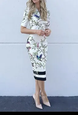 TED BAKER Everely Highgrove Hummingbird Branch Blossom Midi Dress sz 2 uk 10 Au for rent on The Volte - image 1