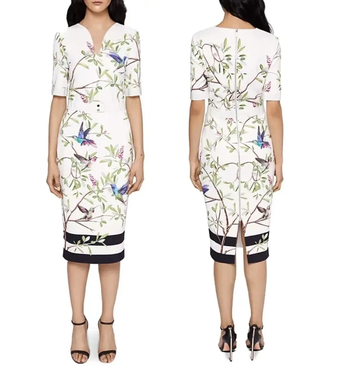 TED BAKER Everely Highgrove Hummingbird Branch Blossom Midi Dress sz 2 uk 10 Au for rent on The Volte - main image