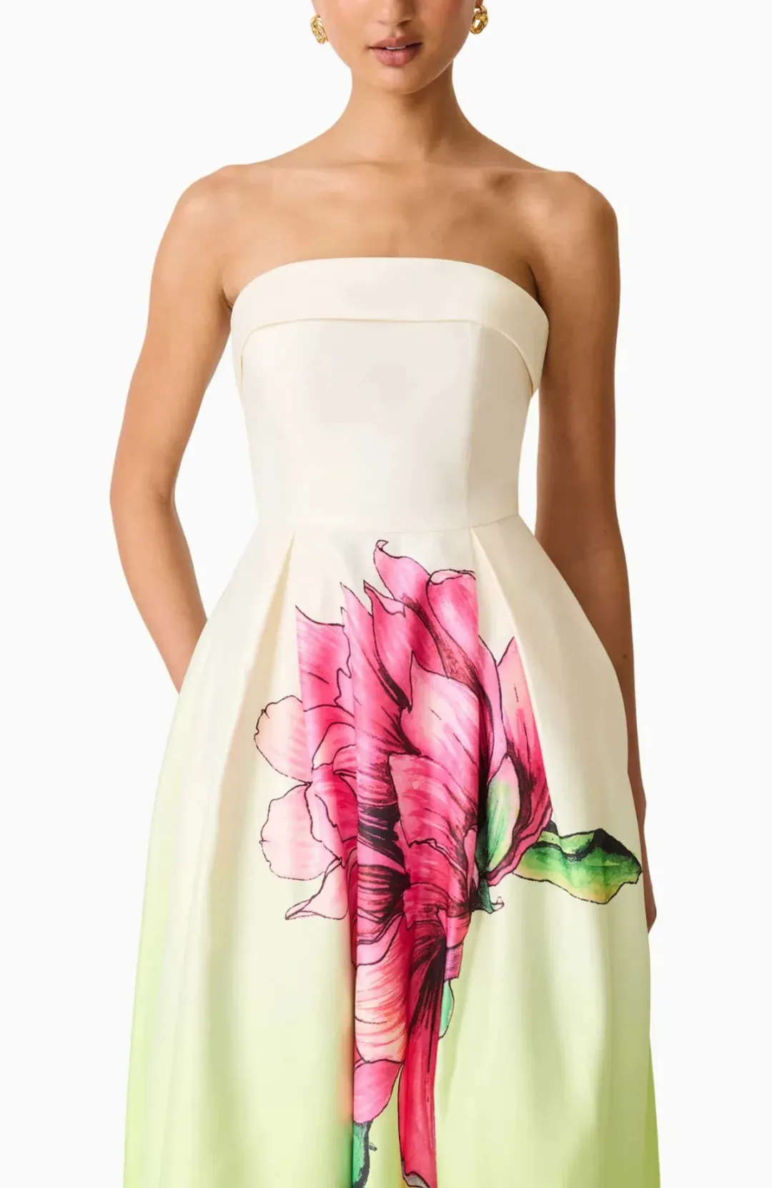 Elliatt Elisia Strapless Gown Green & Pink Floral AU 8 / S for rent on The Volte - main image