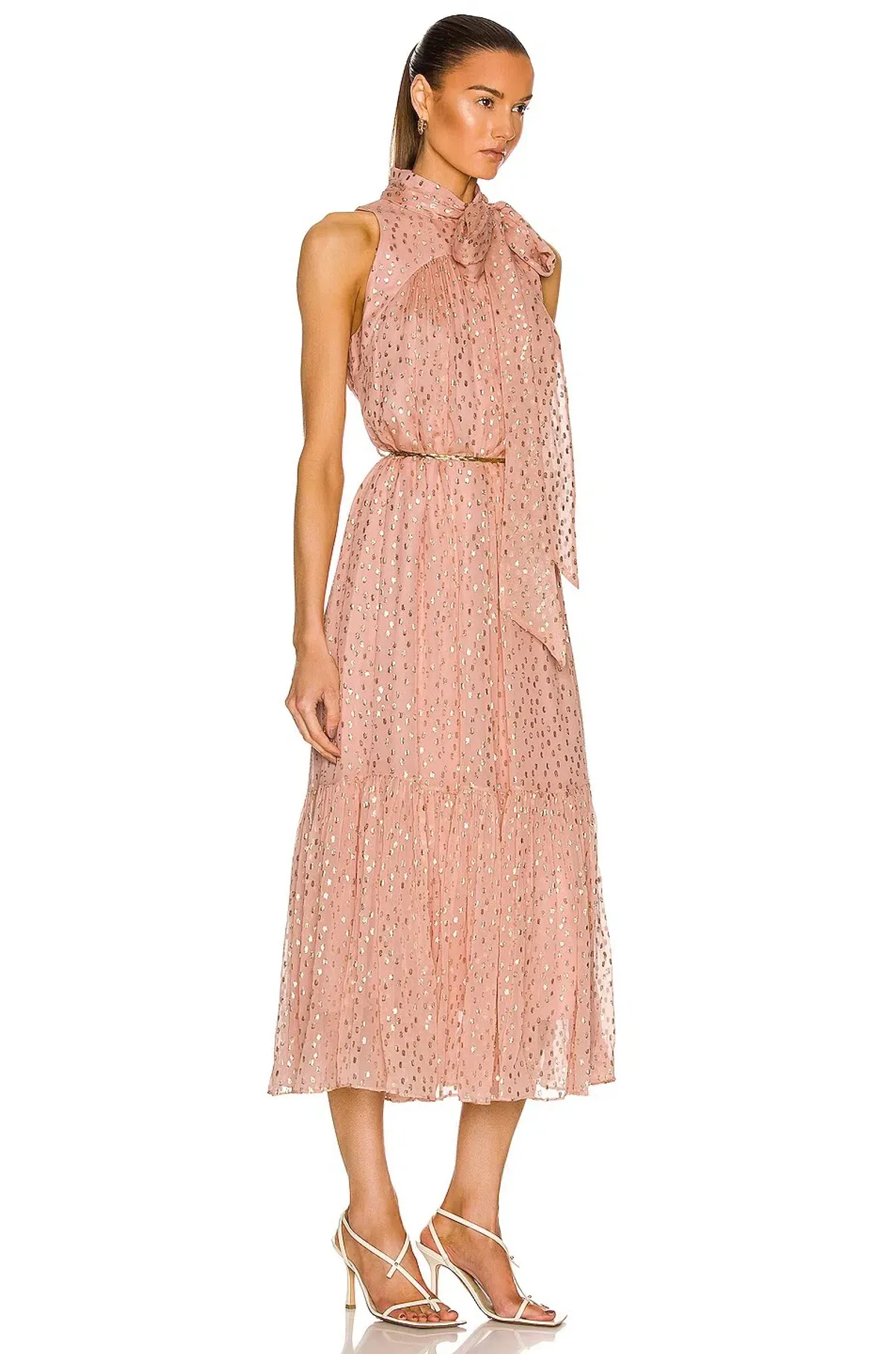 Zimmermann Blush Metallic Lurex Tie Neck Midi Dress – Size 3 / AU 12–14 - Image 2