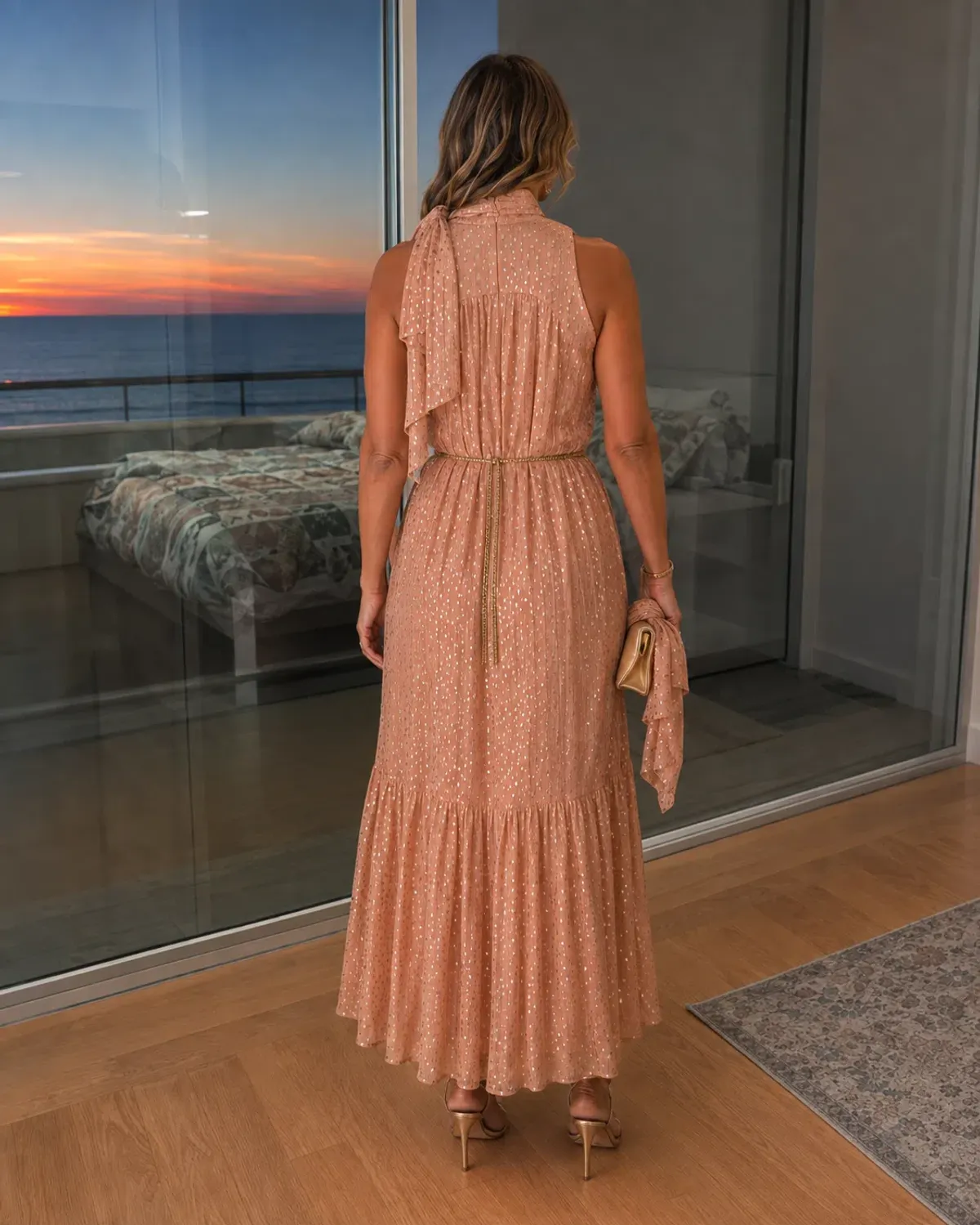 Zimmermann Blush Metallic Lurex Tie Neck Midi Dress – Size 3 / AU 12–14 - Image 5