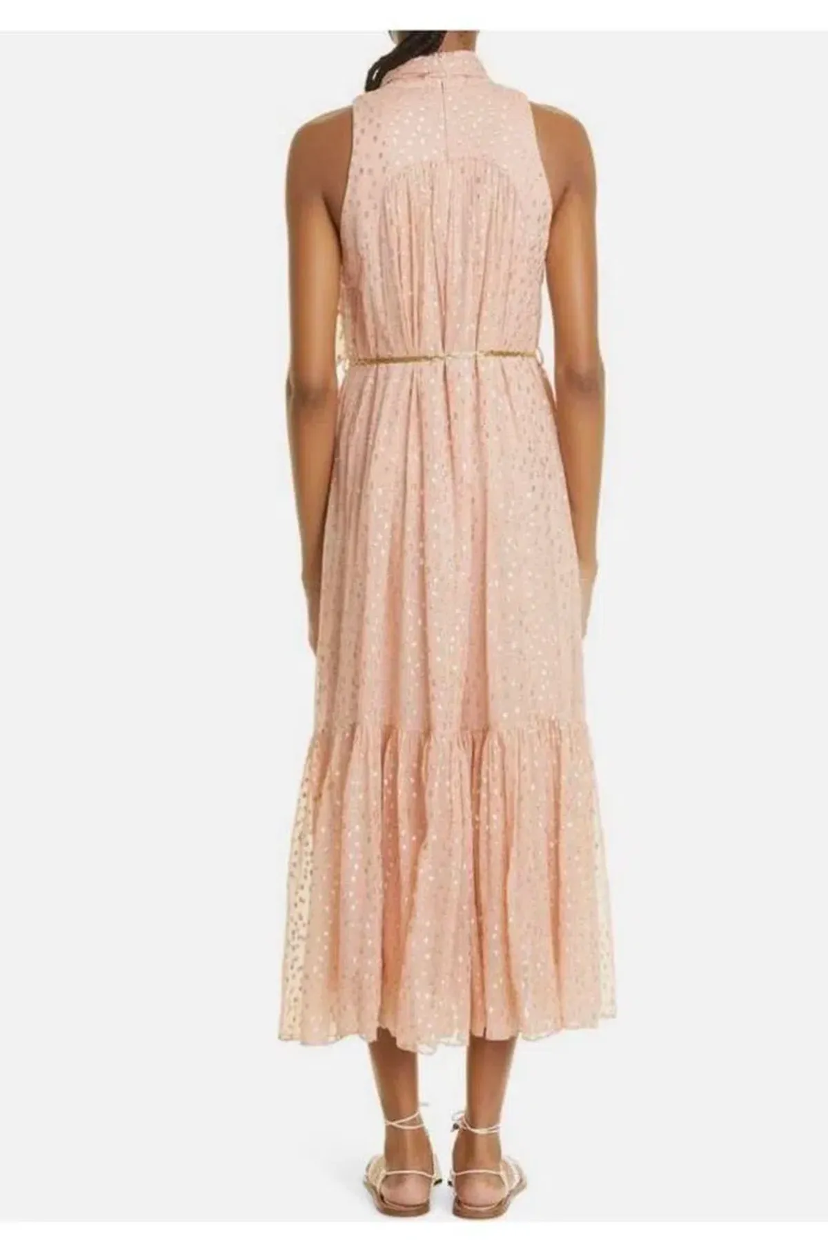 Zimmermann Blush Metallic Lurex Tie Neck Midi Dress – Size 3 / AU 12–14 - Image 8