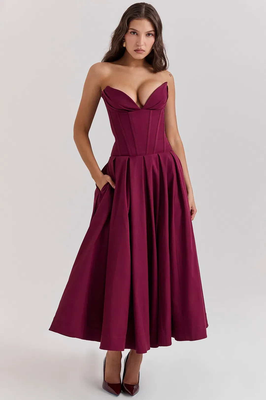 House of CB Lady Wine Strapless Midi Dress Size M for rent on The Volte - main image